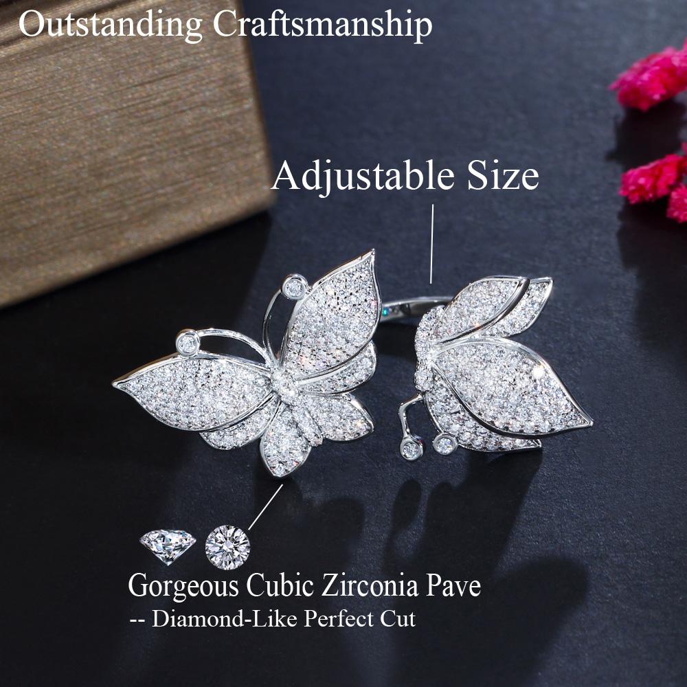 CMM Jewelry Micro Inlay Cubic Zirconia Open Cuff Adjustable Butterfly Rings for Women