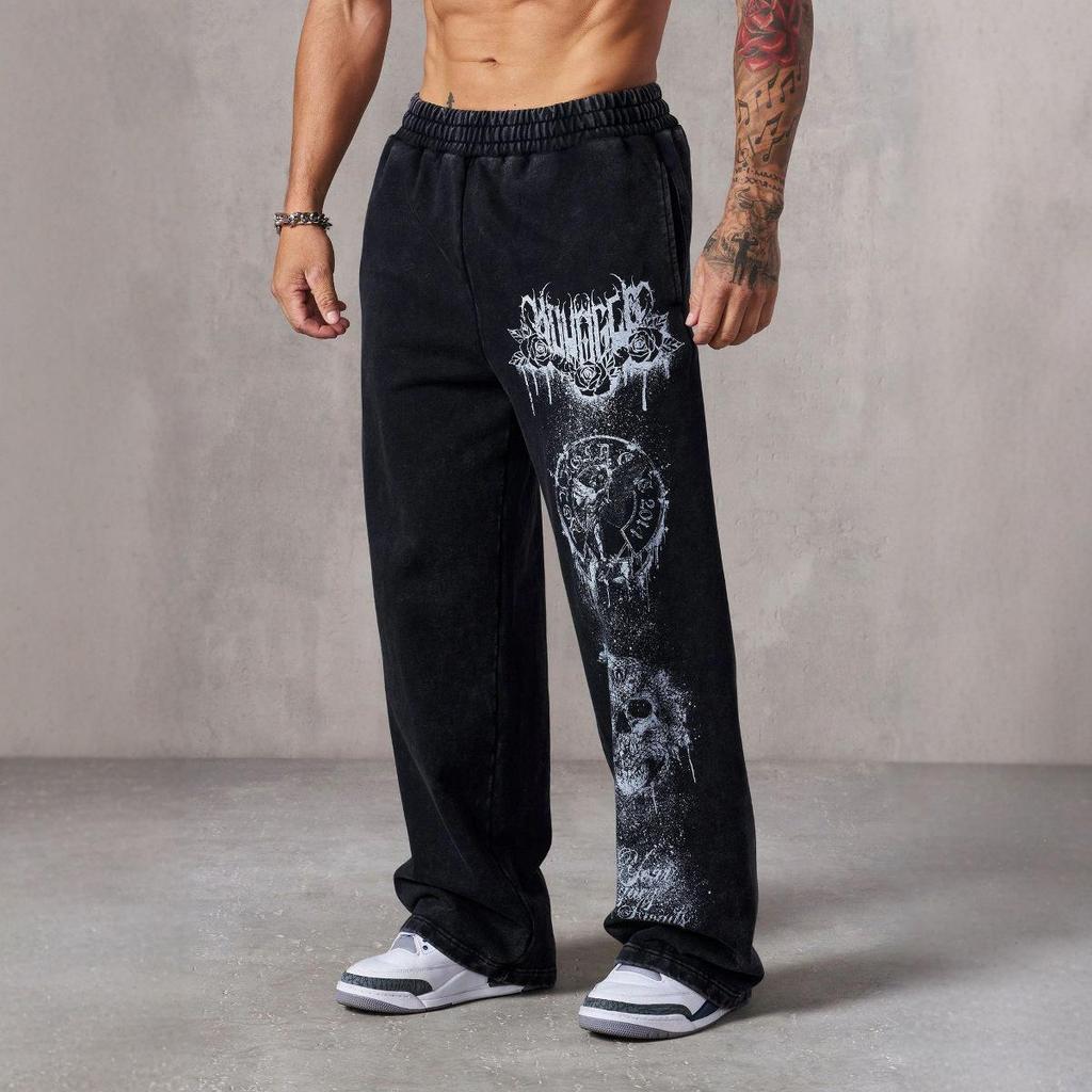 YOUNG Trend Men's Loose Fit Wide Leg Print Fitness Pants