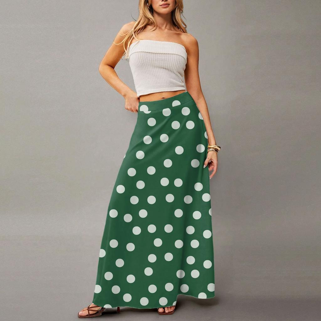 Damska Casualowa Składana Spódnica Maxi z Wysokim Stanem w Kropki z Kieszenią, Draperowana, Luźna