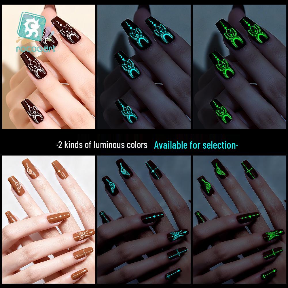 Blue-Green Luminous New Year Nail Stickers with White Lace and Butterfly Designs