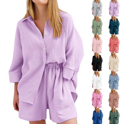 Damen Pyjama-Set aus Baumwollleinen, langärmelig, lässiges Oberteil und Shorts, Nachtwäsche, 2-teilig, Loungewear
