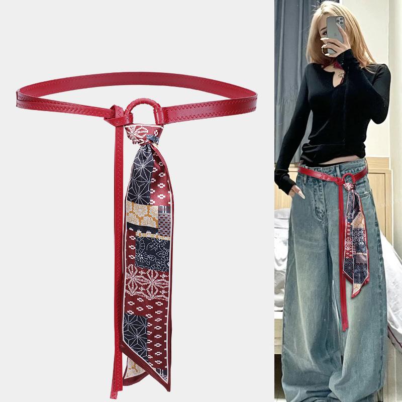 Silk Scarf Waist Chain Belt for Women - Hip Hop Punk Vintage Style, Decorative Ribbon Accessory in Red for Jeans