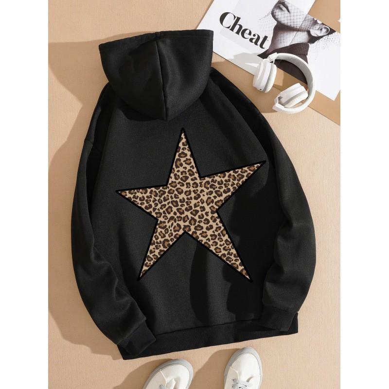 European & American Women's Fashion Leopard Star Print Hooded Sweatshirt - Loose Fit, Drop Shoulder Sleeves