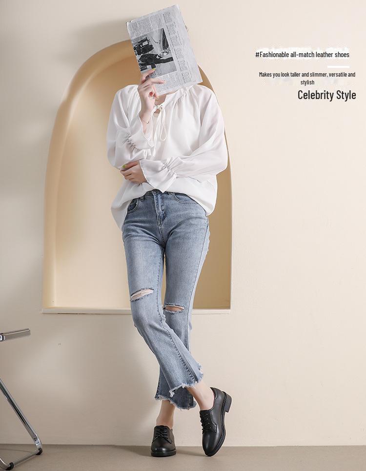 Women's British Style Black Leather Loafers - Soft-Soled, Mid-Heel, Flat Work Shoes for Autumn 2025