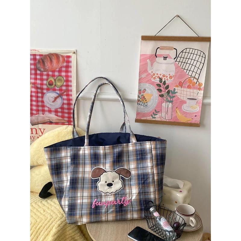 

Cute Carto Dog Women s Canvas Shoulder Bag Letter Prints Plaid Ladies Double Sided Large Capacity Tote Bags Girls Handbags