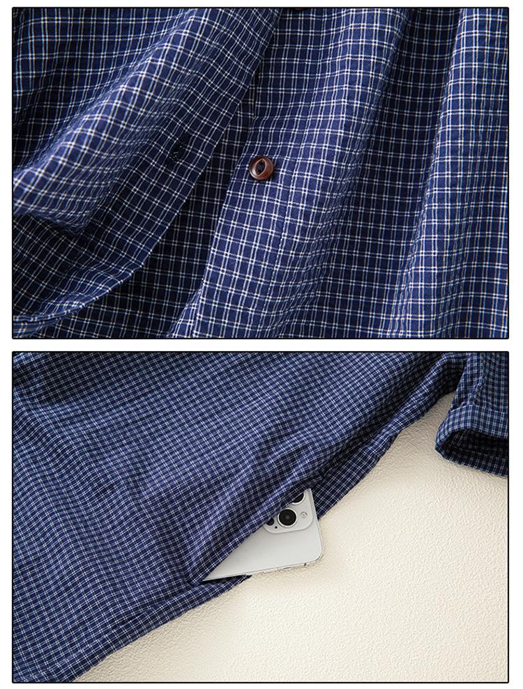 Japanese Style Blue Plaid Cotton Linen Shirt Dress for Women - Summer Short Sleeve Long Layered Design