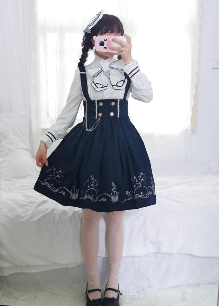Lolita Long Sleeve Blouse High Waist Skirt Ribbon Tie Sailor Collar Claroli Costume Photo Shoot Cosplay Navy 4 Piece Set [Lady Lazy] (S)