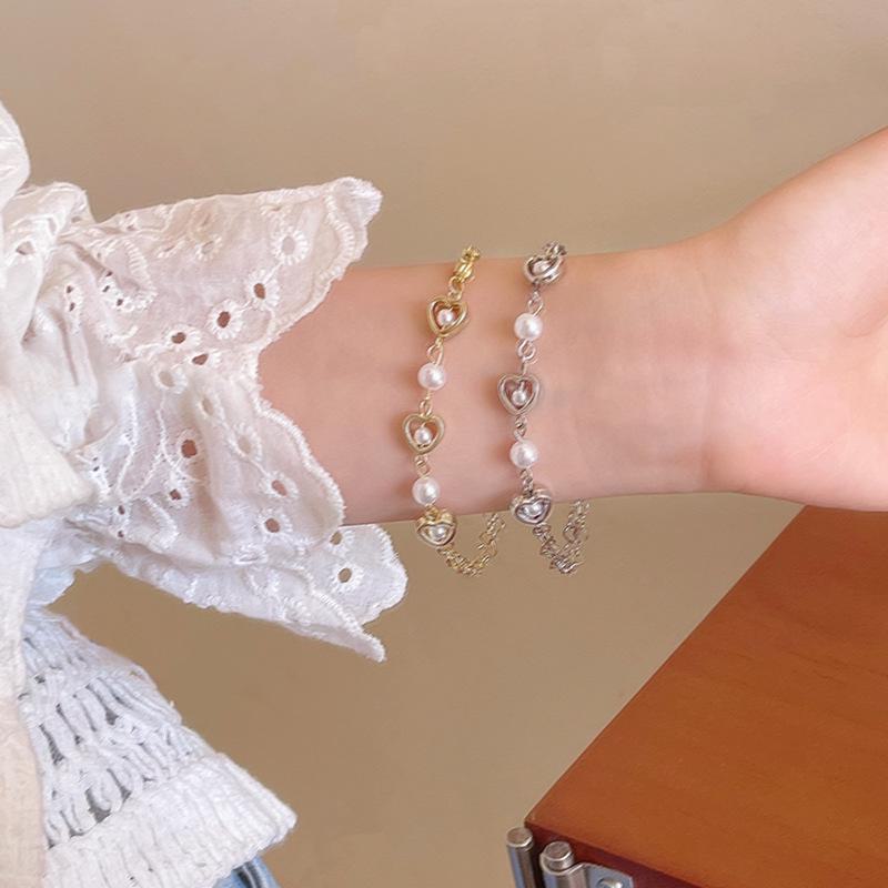 Korean Hollow Heart Pearl Bracelet - Elegant, Cold Style Jewelry for Women