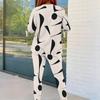 Women Plus Size Round Neck Long Sleeve Blue White Printed Fitted Two Piece Pants Set