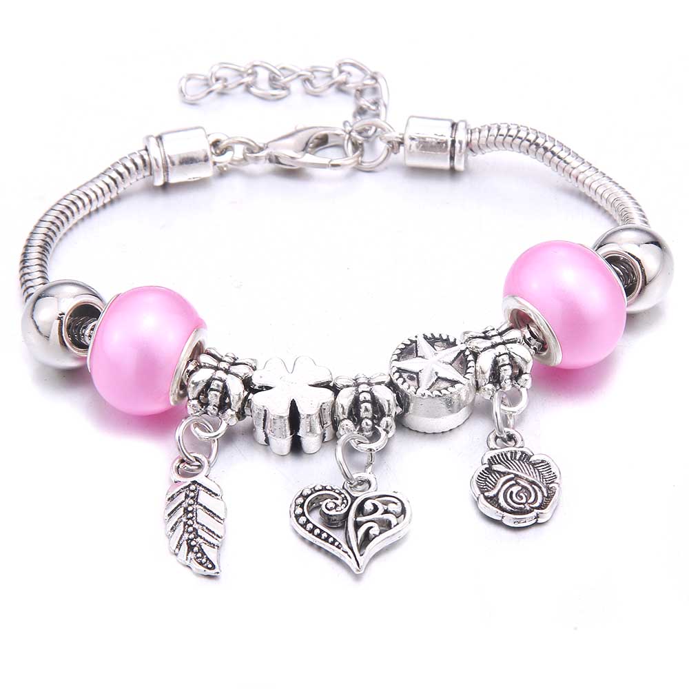 Pink Charm Bangle Lobster Buckle Snake Chain Beaded Bangles For Women Summer Romantic Gift Fashion Butterfly Bracelet Jewelry
