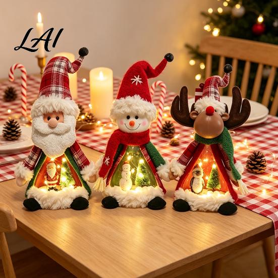 Standing Christmas Character Set Lighted Doll Decoration Cute Plush Santa Claus/Snowman/Reindeer Figurine with Holiday Home Interior Decor