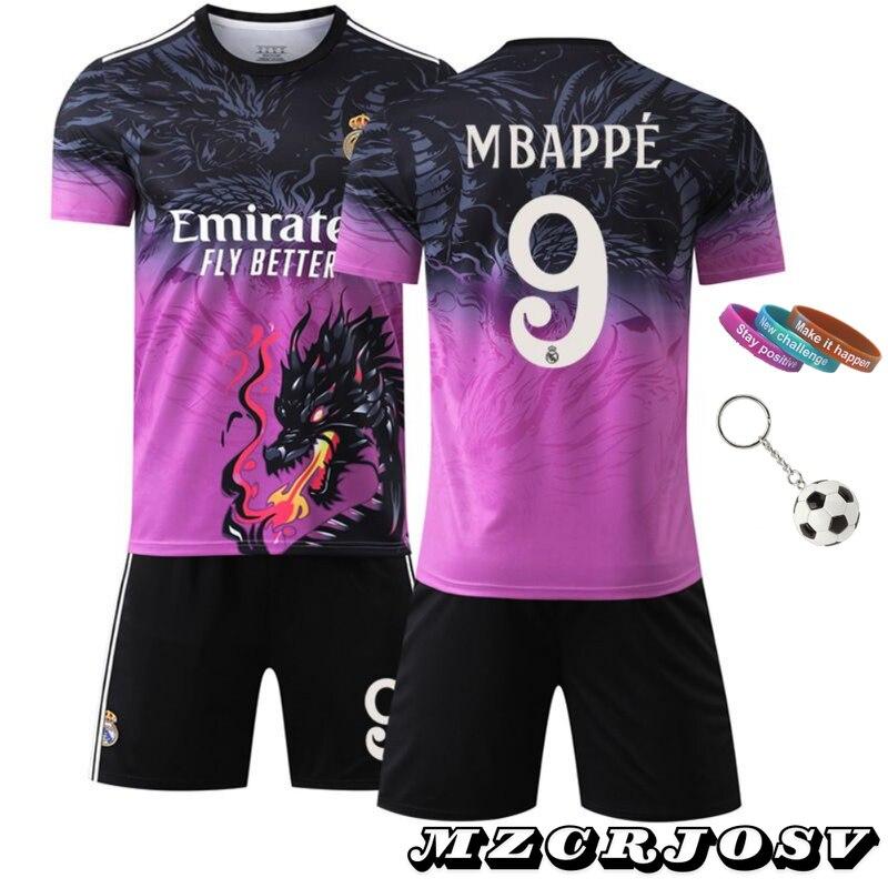 2025/2026 Season Real Madrid Mbappe No.9 Kids Soccer Jersey, Purple Polyester, with 3 Bracelets + Keychain