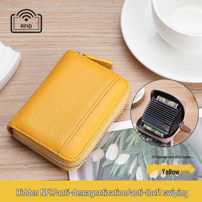Women's Genuine Leather Zipper Card Holder - Anti-Demagnetization Multi-Slot Accordion Style