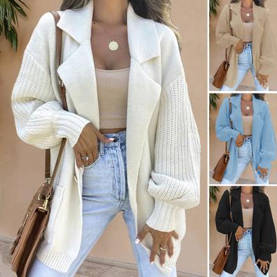 Women Suit Coat Suit Lapel Long Sleeve Solid Color Knitting Coat with Pockets Loose Fit Single Button Sweater Coat