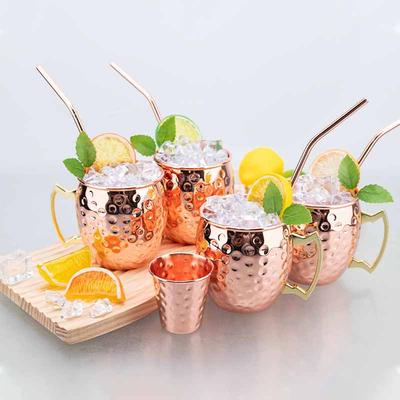 Sada hrnků Moscow Mule s brčkem, poměděné, tepané, 350ml - mini hrnky z nerezové oceli 304 s dárkovou krabičkou do baru i domů