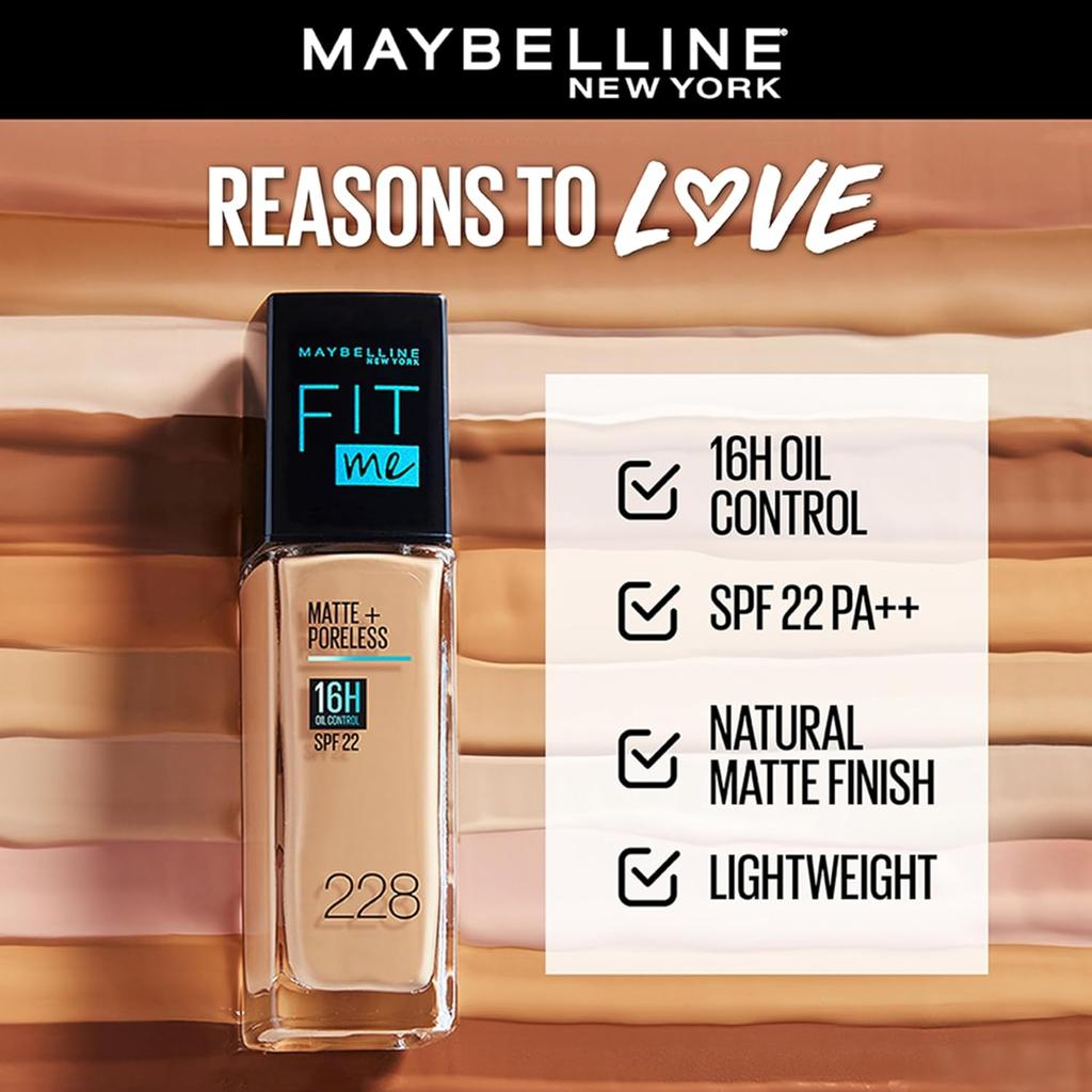 Maybelline New York Fit Me Matte + Poreless Liquid Foundation 30ml SPF 22 Oil Control for Normal Oily Skin 332 Golden Caramel