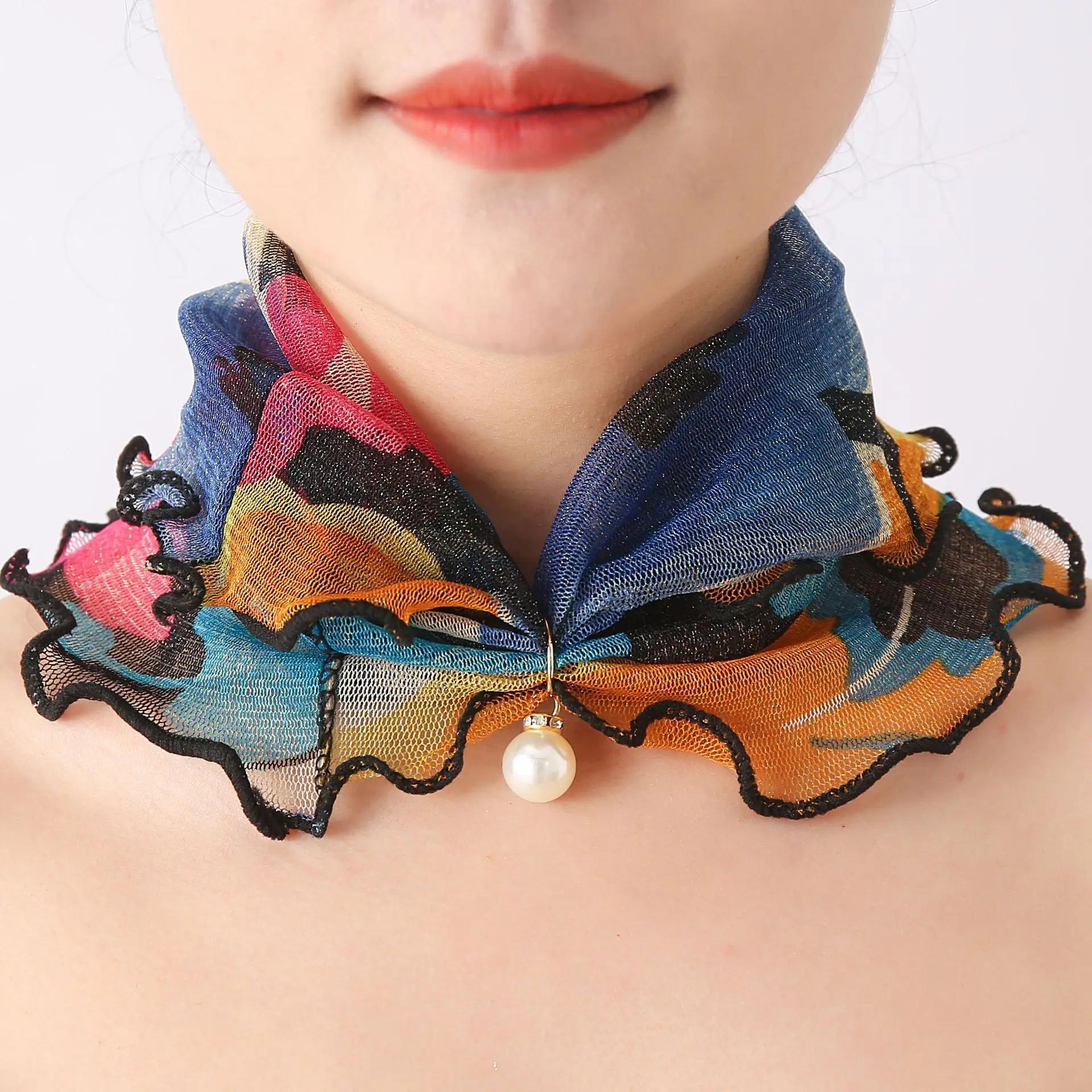 

Fashion Lace Variety Scarf Women Pearl Square Scarves for Ladies Beach Necklace Ruffle Elegant Hair Scarf Women Bandana Dress