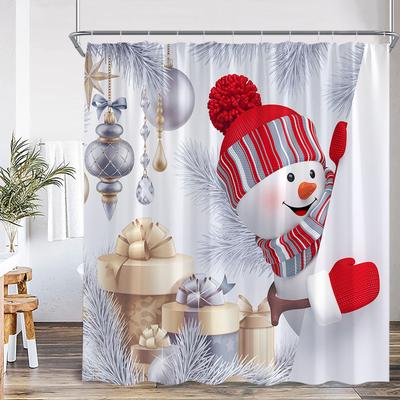 Lustiger Schneemann Duschvorhang Silberne Kiefernzweige Winterwald Zeder Roter LKW Elf Weihnachten Badevorhänge Heim Badezimmer Deko