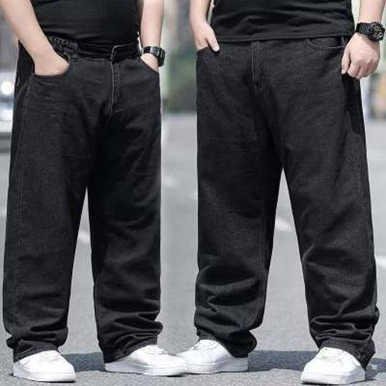 Plus Size Men's Loose Straight Casual Jeans - Deep Crotch, Wear-Resistant, Black Cotton