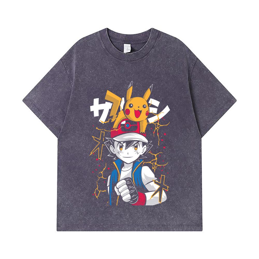 275 GSM Washed T-shirts 100% Cotton Pokemon V2 Ash Print Unisex Heavy Cotton T Shirt