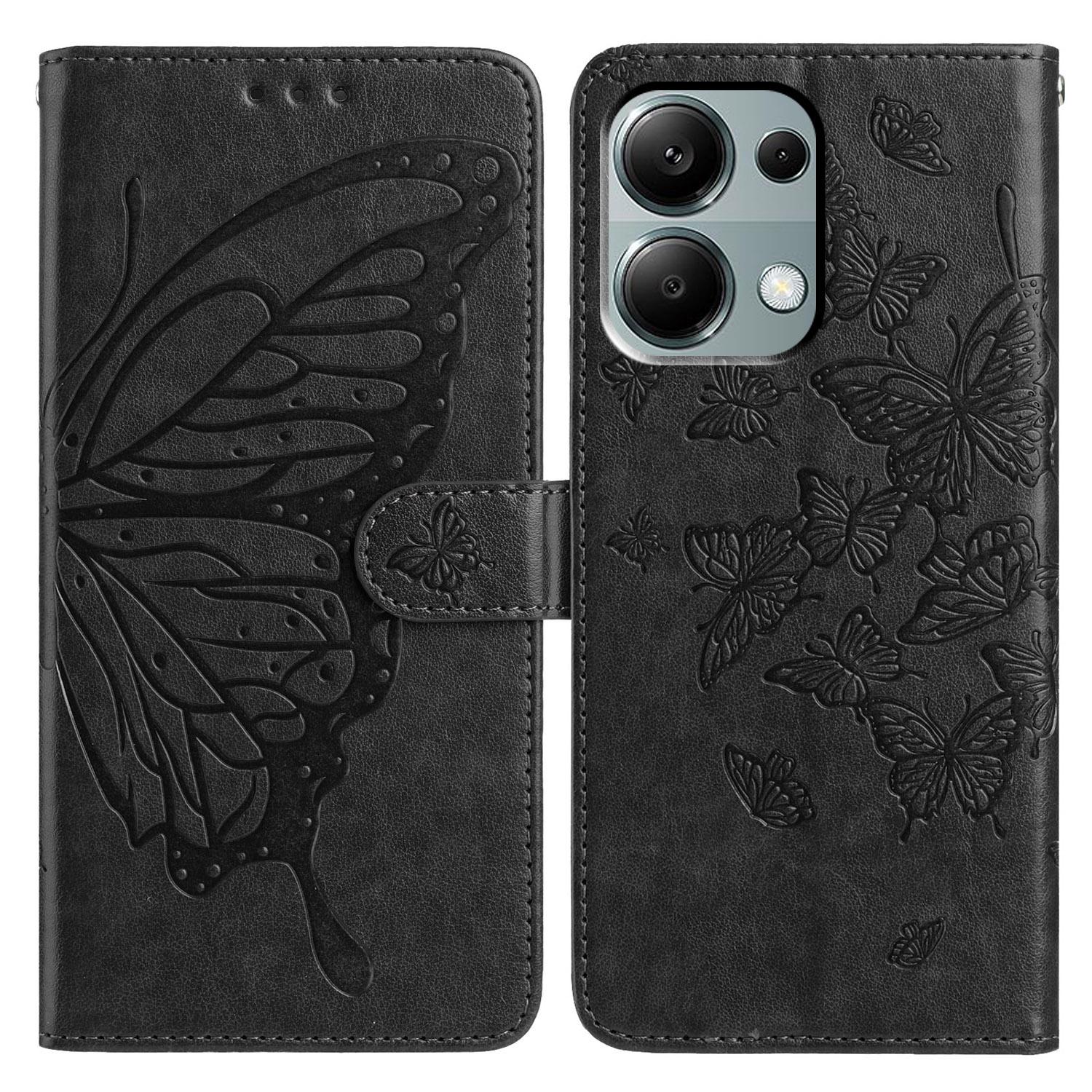 

Wallet Stand Case for Xiaomi Redmi Note 13 Pro 4G/14S 4G/Poco M6 Pro 4G Butterfly Imprinted PU Leather Flip Phone Cover with Strap Black
