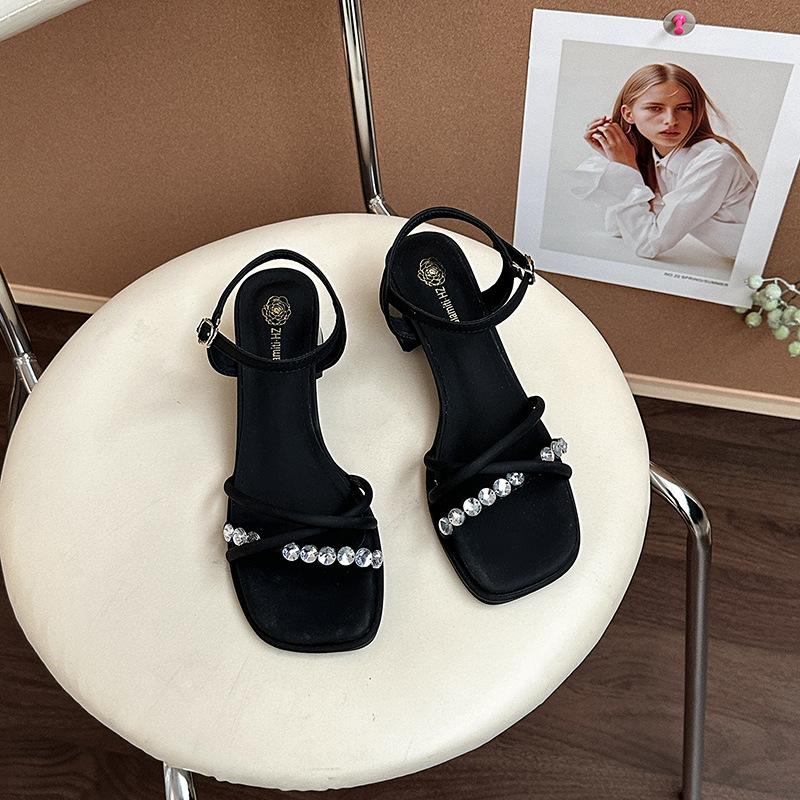 Fashion Temperament Fairy Rhinestone Open-toed Thick-heeled Sandals 2025 Summer New Outer Wear with Skirt Versatile High Heels