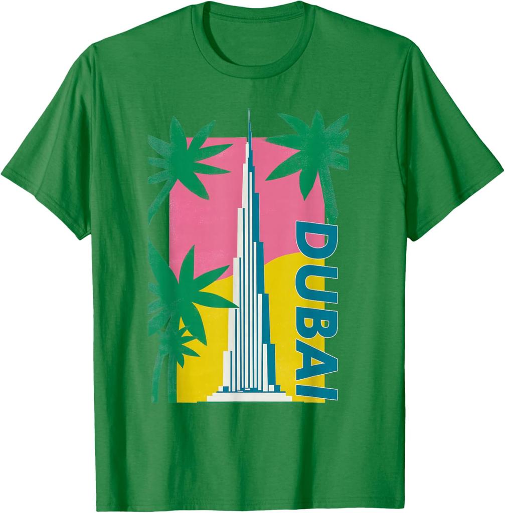 Dubai Burj Khalifa Palm Tree Retro Graphic Tee Men Casual Cotton TShirt