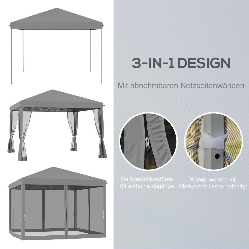 Folding Gazebo, Folding Tent with Side Walls Incl. Carry Bag, Garden Gazebo, Metal, Oxford Fabric, 3 X 3 M, Light Grey