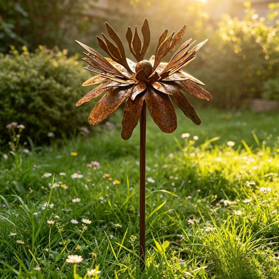 Rusty Outdoor Daisy Flower Metal Yard Stake, Rusted Iron Art Flower Garden Decoration, Weather-Resistant Garden Ornament for Lawn, Pathway, Patio, or