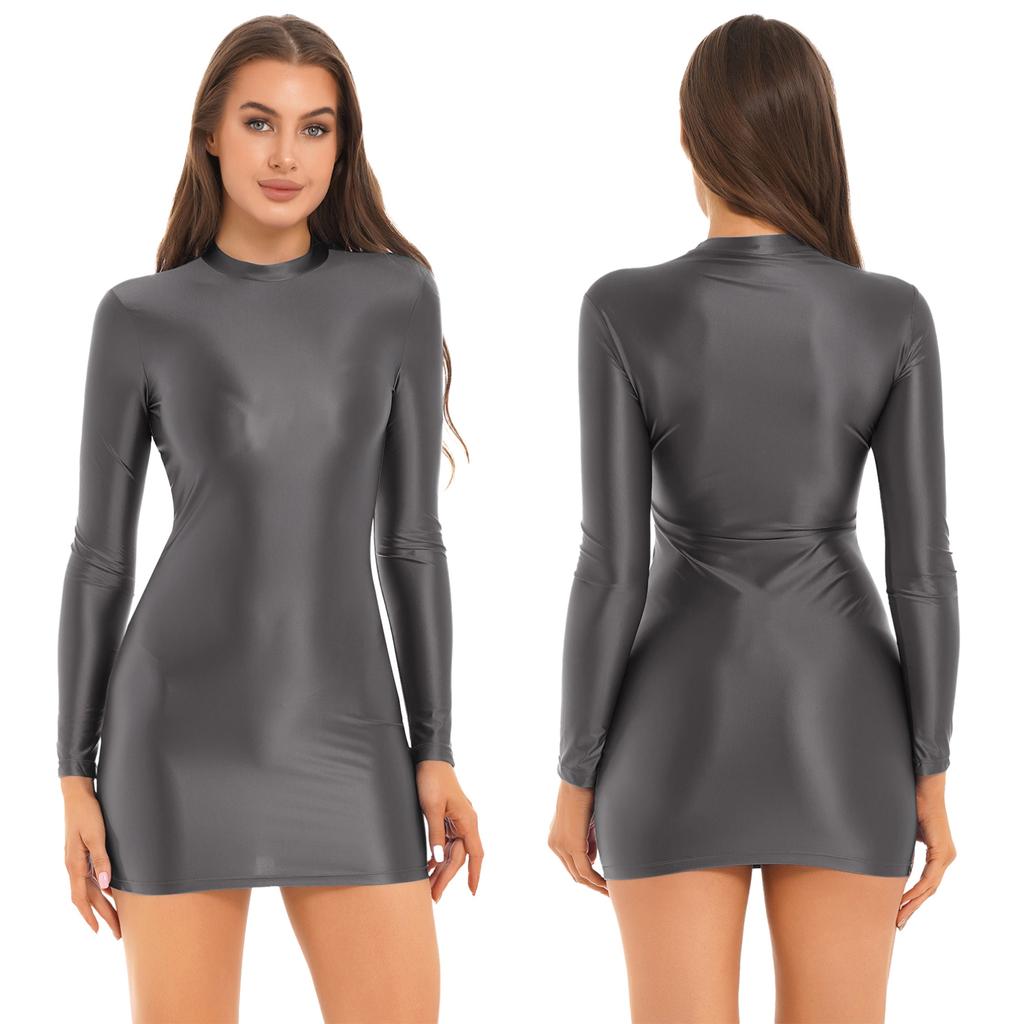 Summer Sexy Dress Women Glossy Sheer See Through Bodycon Pencil Dress Long Sleeves Clubwear Party Dresses