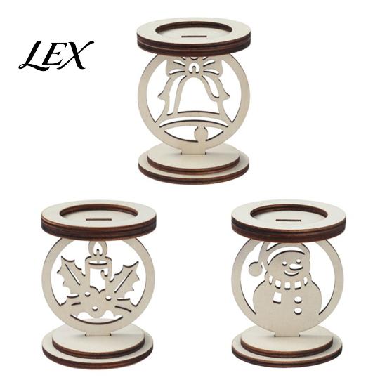 Small Candle Display Stand 3Pcs Christmas Wooden Holder, Detachable Tealight with Hollow Solid Wood Votive Carved Snowman/Bell/Candle Patterns, Rustic