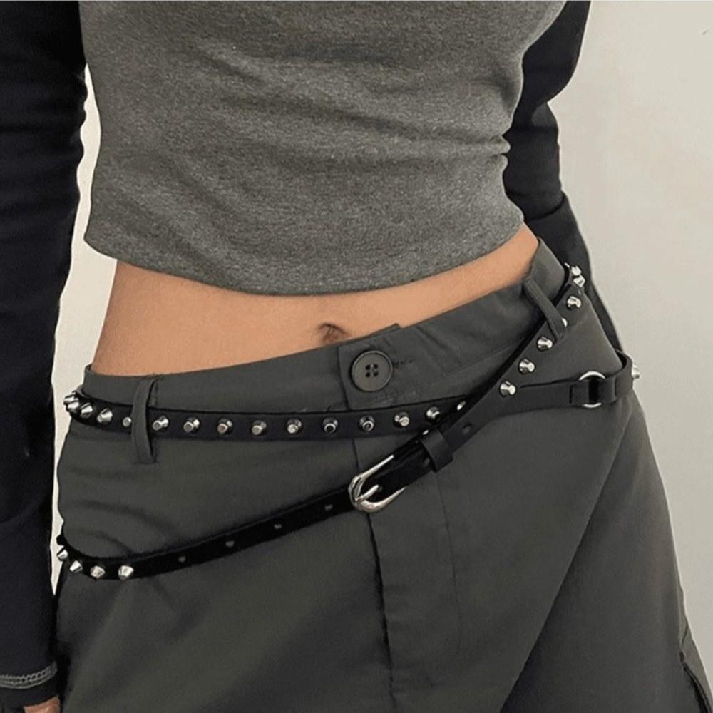 Double Loop Leather Waist Belt Extra Long Dress Jeans Belt Simple Women's Rivet Belt Streetwear