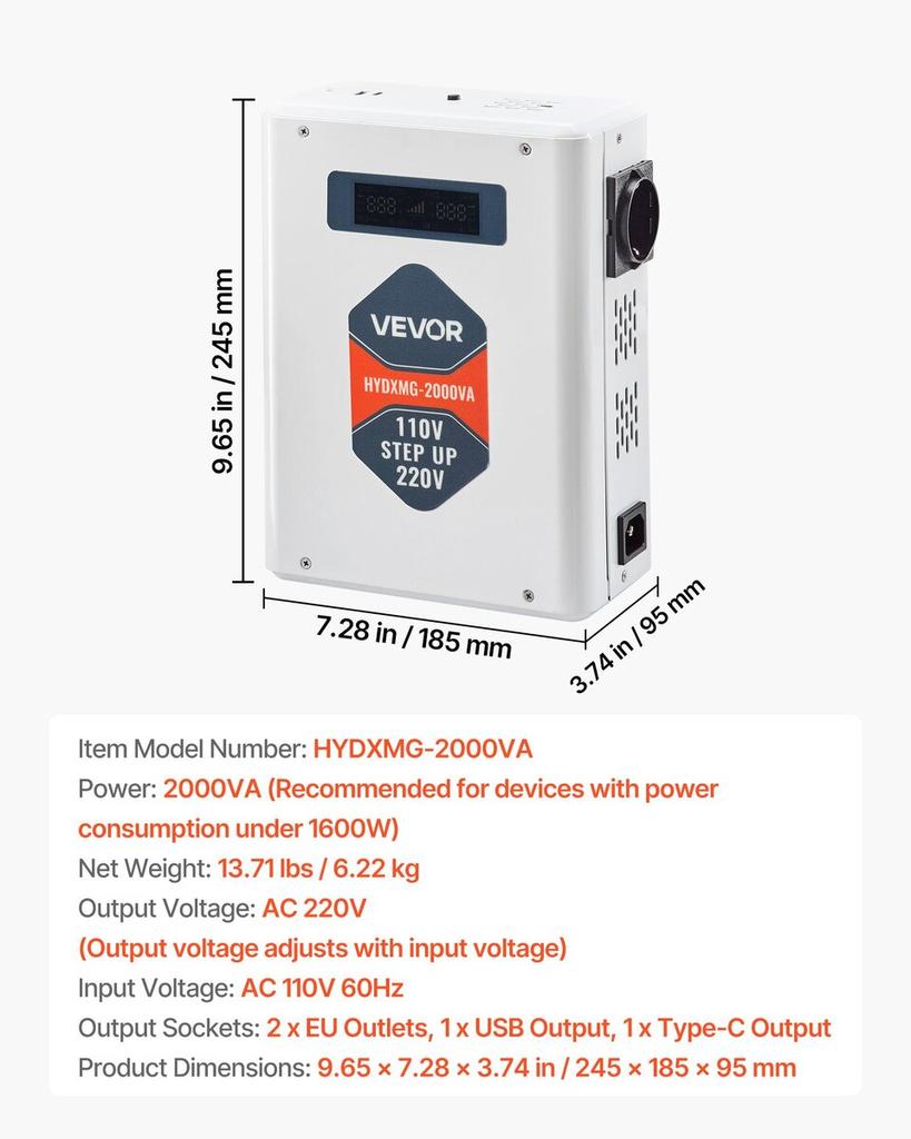 Step Up Voltage Converter, 2000VA, Heavy Duty Voltage Power Converter, 110V To 220V Power Transformer, with 2 EU Outlets, USB Output, LCD Display,