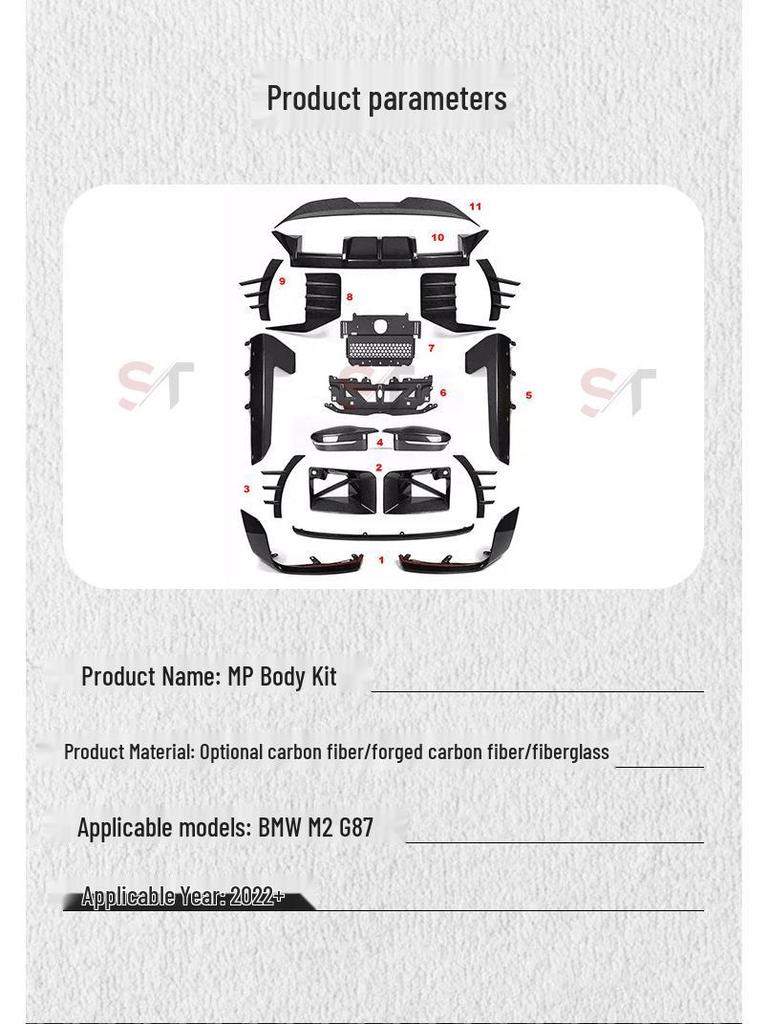 BMW M2 G87 Carbon Fiber Body Kit: Front Splitter, Air Vents, Rear Lip, Side Skirts, Wheel Arches, Rear Spoiler, Mirror Caps