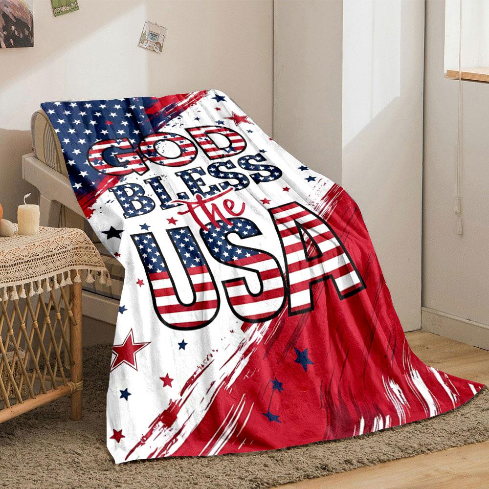 Patriotic design featuring stars, stripes, and "God Bless the USA" text. for all seasons blanket lunch break throw gift