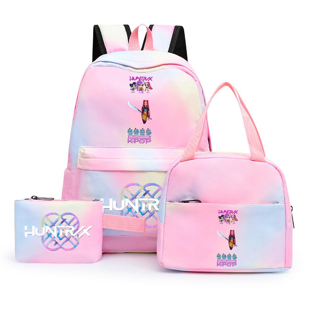 3Pcs/set Cartoon Demon Hunters Printed Backpack with Lunch Bag Pencil Case for Teenager Girl Boy Large Capacity Waterproof Bookbag Gift Mochila