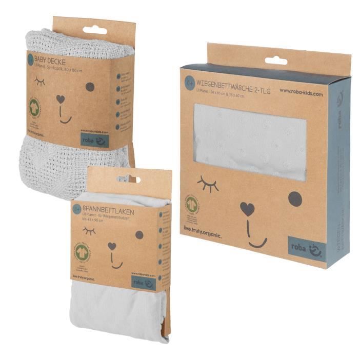 Roba coffret bébé bio "lil planet" - linge de lit + drap housse + couverture - gris argenté