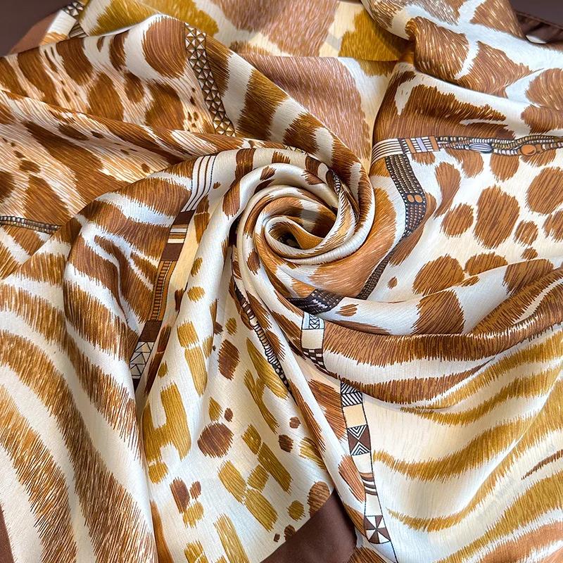 2023 Luxury Leopard Print Silk Square Scarf Women Soft Satin Hairbands Neckerchief Head Hijab Headband Foulard Bag Ribbon Office