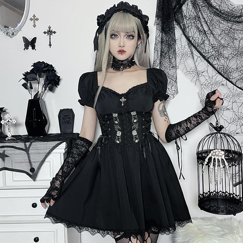 Goth Gothic Vintage Princess Dress Women Dark Lace Up Cross Corset Streetwear Partywear Lolita Female