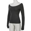 Harajuku Basic Slim Long Sleeve Stripe Tee Off Shoulder O Neck Korean Street Style Spring Autumn Y2K Women's Gray T Shirt