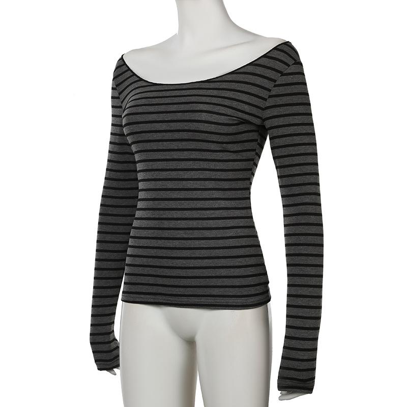 Harajuku Basic Slim Long Sleeve Stripe Tee Off Shoulder O Neck Korean Street Style Spring Autumn Y2K Women's Gray T Shirt