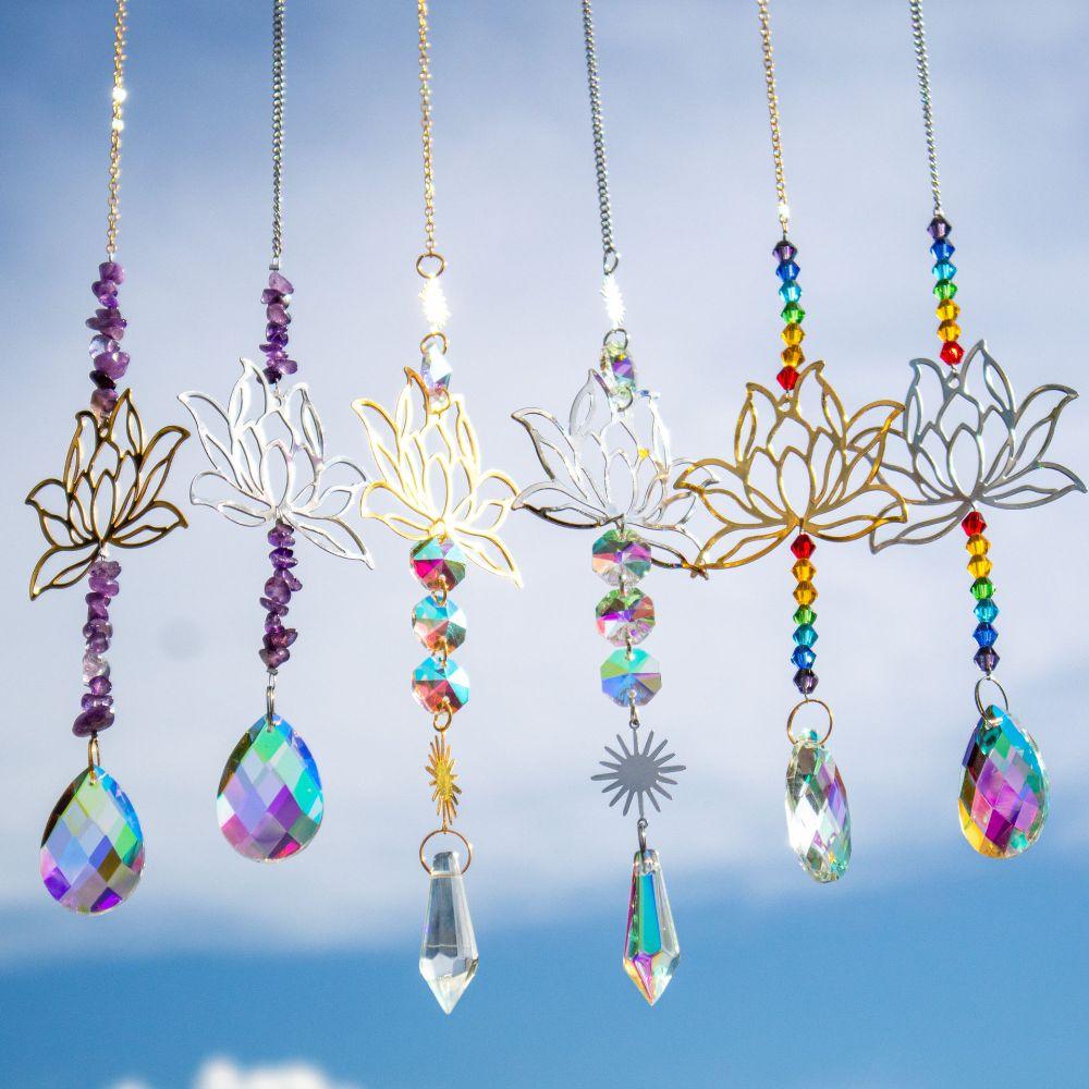 Decoration Rhinestone Hanging Hollow Crystal Lotus Pendant Glass Sun Catcher Outdoor Indoor