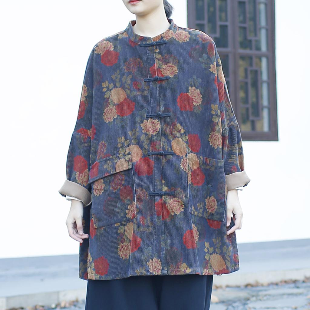 Johnature Women Vintage Corduroy Jackets Print Floral Long Sleeve Coats Spring Button Pockets Chinese Style Jackets