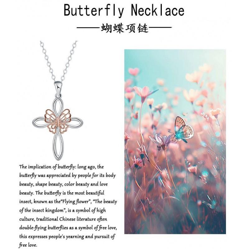 Rose Gold Butterfly Cross Pendant Necklace Women Fashion Daily Wear Copper Chain Jewelry