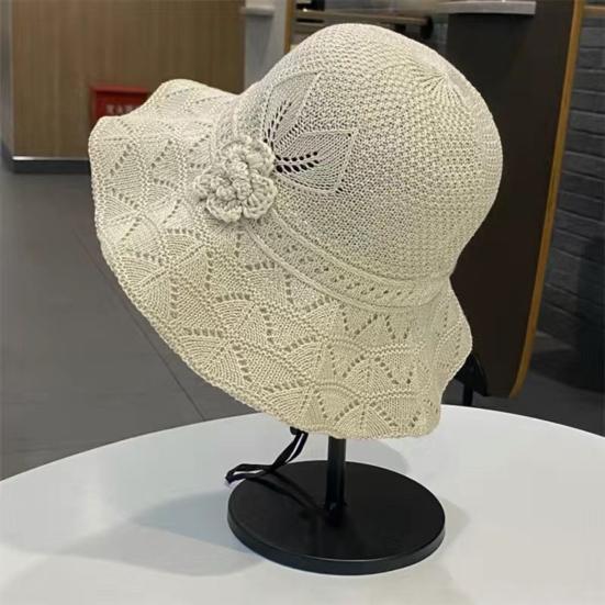 Fisherman Hat with Flower Detail, Wide Brim Glitter Bucket Hat, Knit Design Adjustable Drawstring Knit Hat, Lightweight Sun Hat for Travel Beach