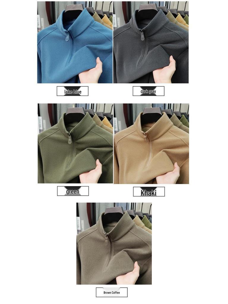 Men's Double-Sided Fleece Half-Zip Hoodie, Stand Collar, Solid Color, Autumn/Winter Fashion, Casual & Warm Top.