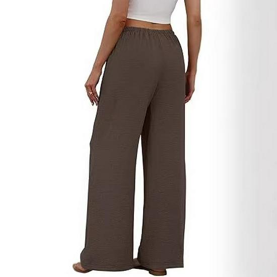 European & American Women's Casual Solid Wide-Leg Beach Pants with Elastic Waist & Pockets