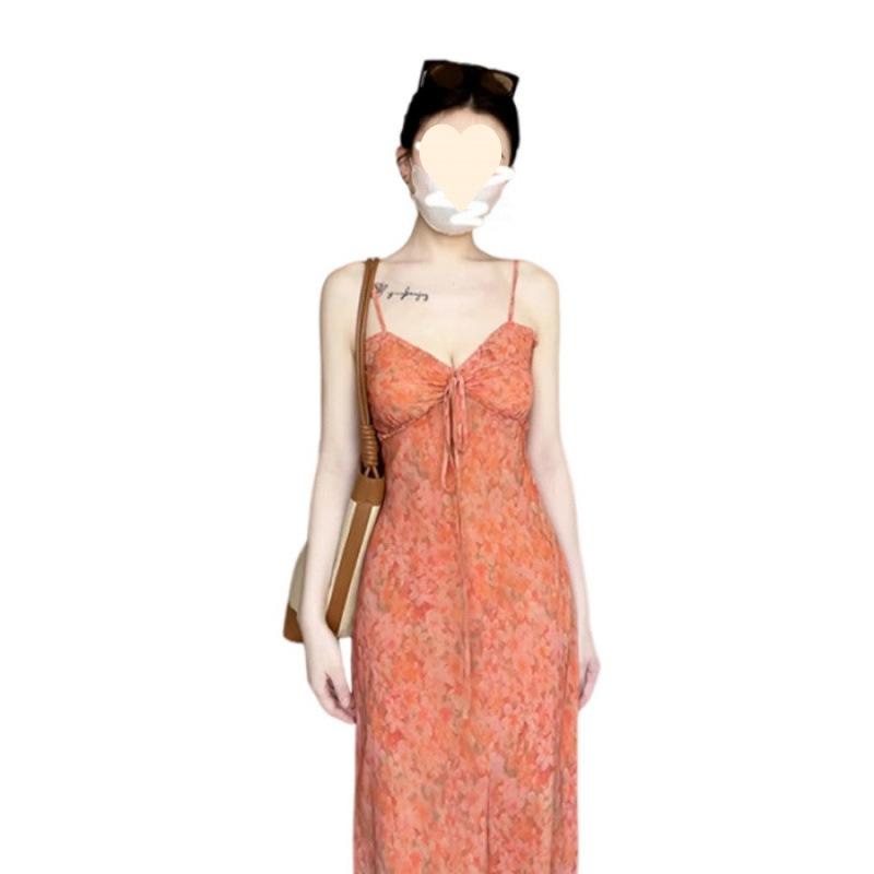 Dopamine romantic floral suspender dress women s summer high-end waist seaside vacation dress S