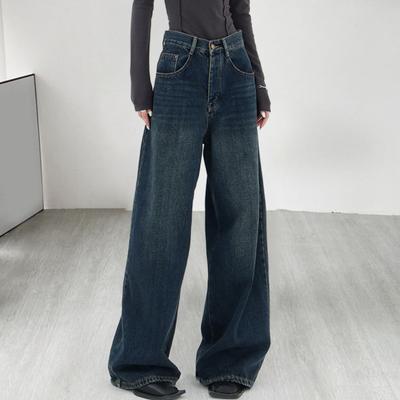 Frauen Retro Jeans Hohe Taille Gerade Breite Bein Lange Hosen Taschen Dunkle Farbe Übergroßen Denim Hosen Streetwear