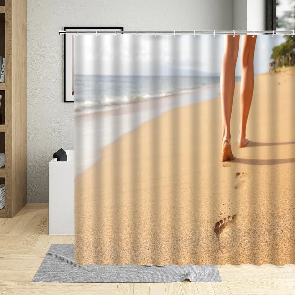 Summer Seaside Shower Curtain Sea Beach Shell Bathroom Decor Palm Tree Ocean Scenery Curtains With Hook Waterproof Wall Covering